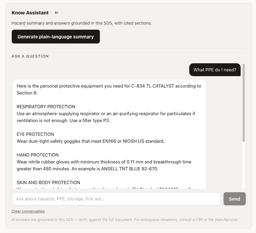 Know AI assistant answering a chemical safety question