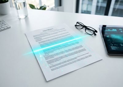 top-down view of a business contract on a clean, white corporate desk