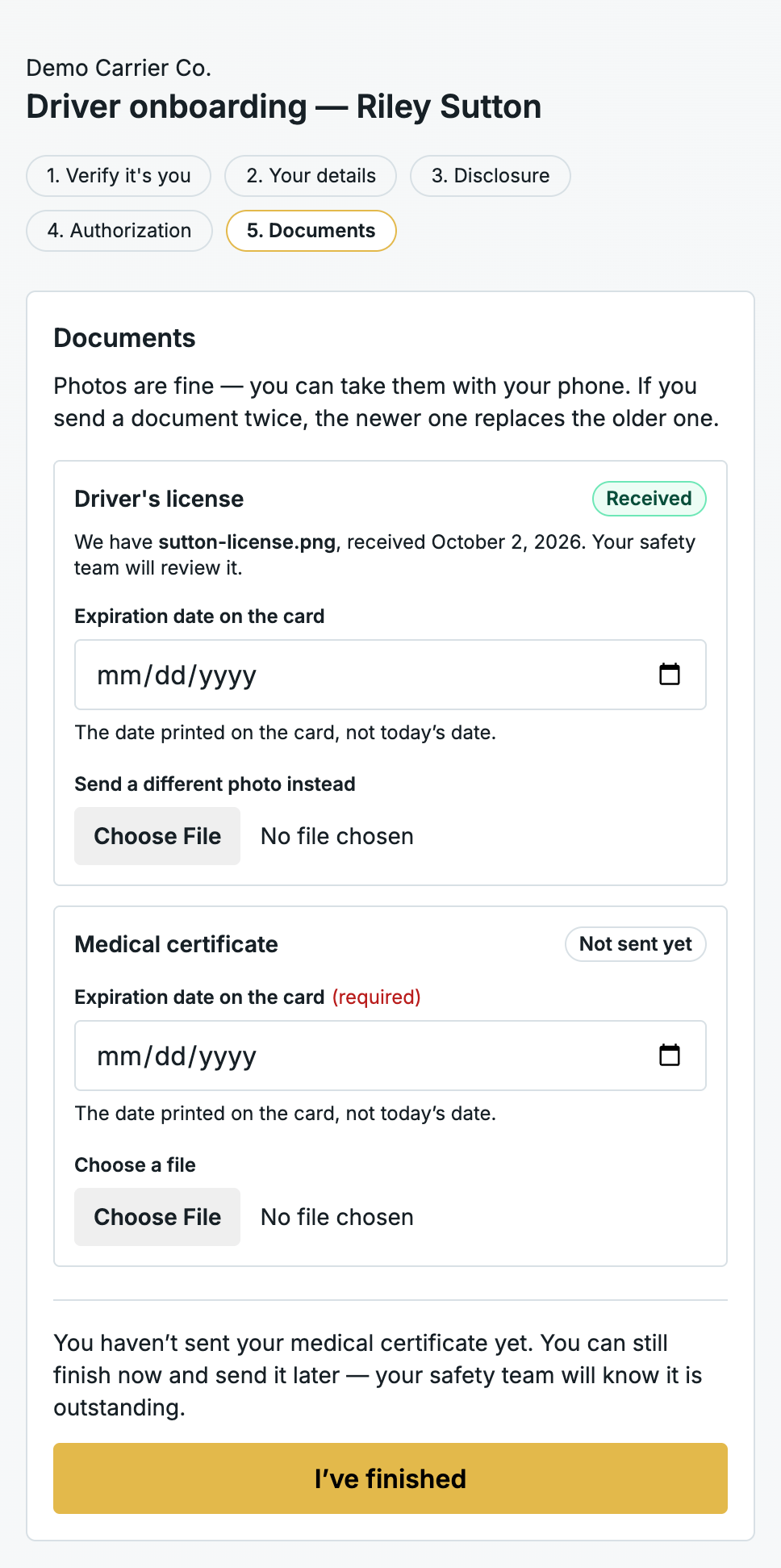 drive-intake-phone-cropped Driver onboarding on a phone: verify identity, disclosure, authorization, then documents.