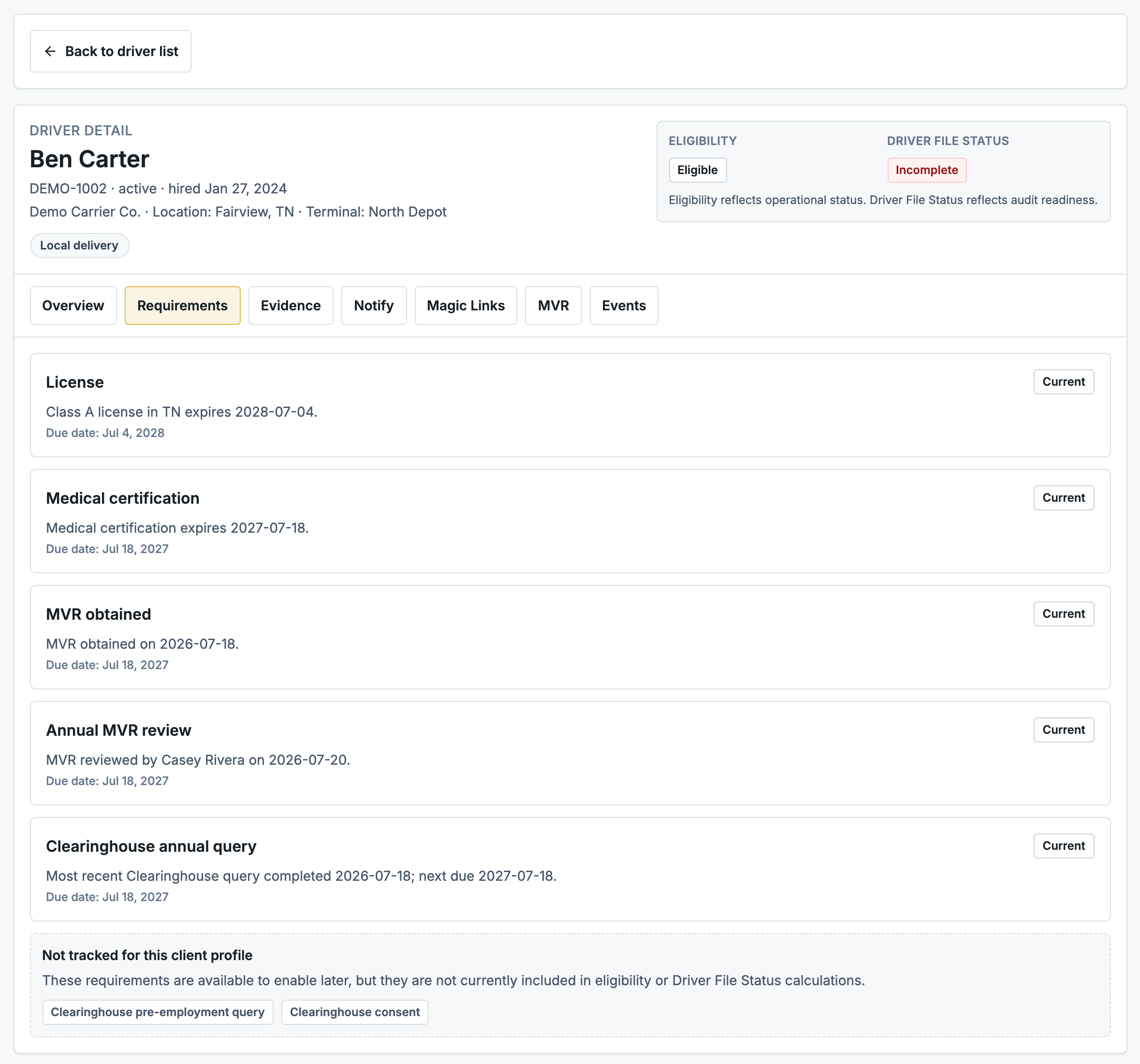 drive-requirements-v3 Live status for each requirement in a driver's file.