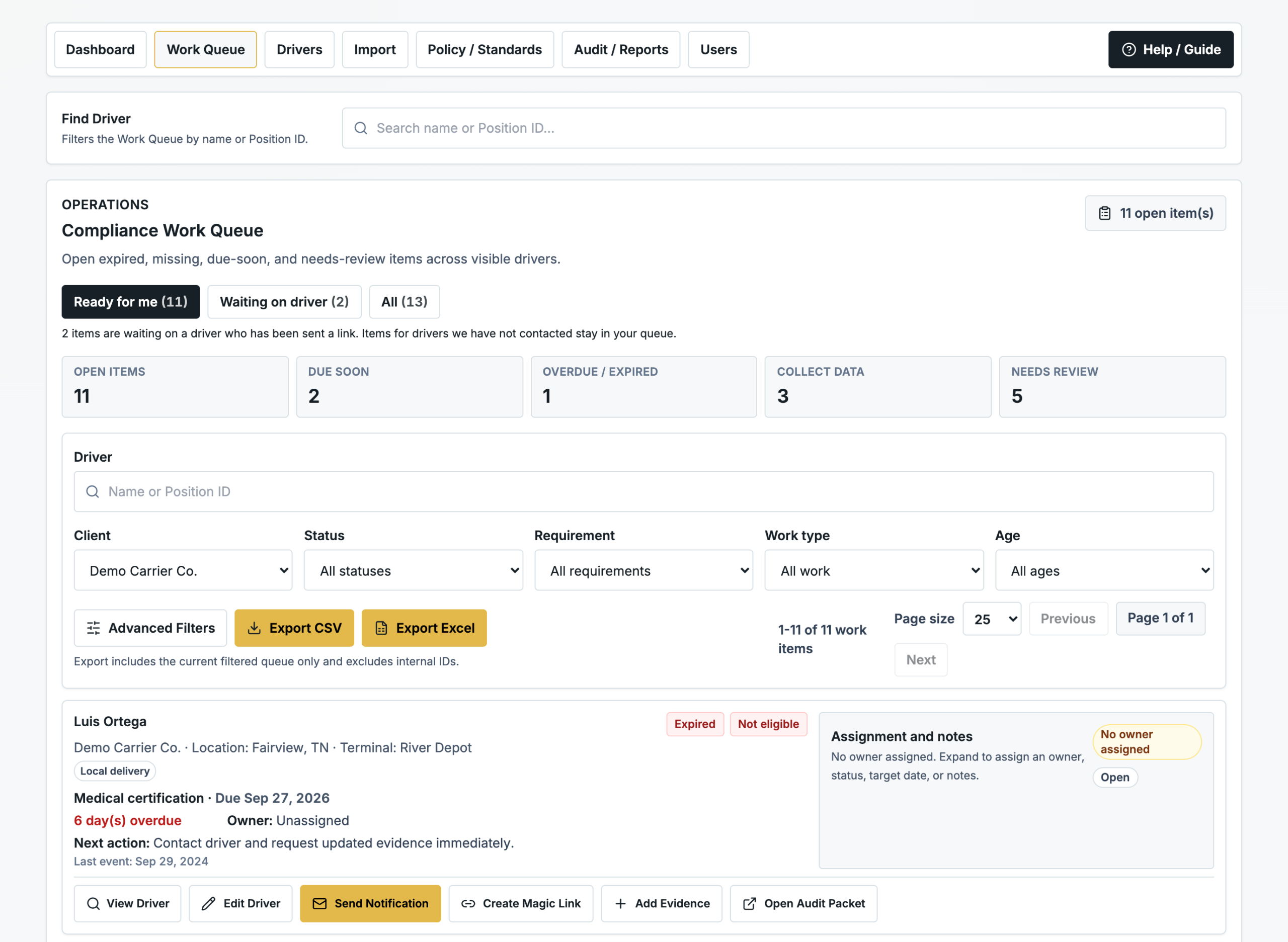 drive-work-queue Drive Compliance Work Queue showing open items split by who can act on them.